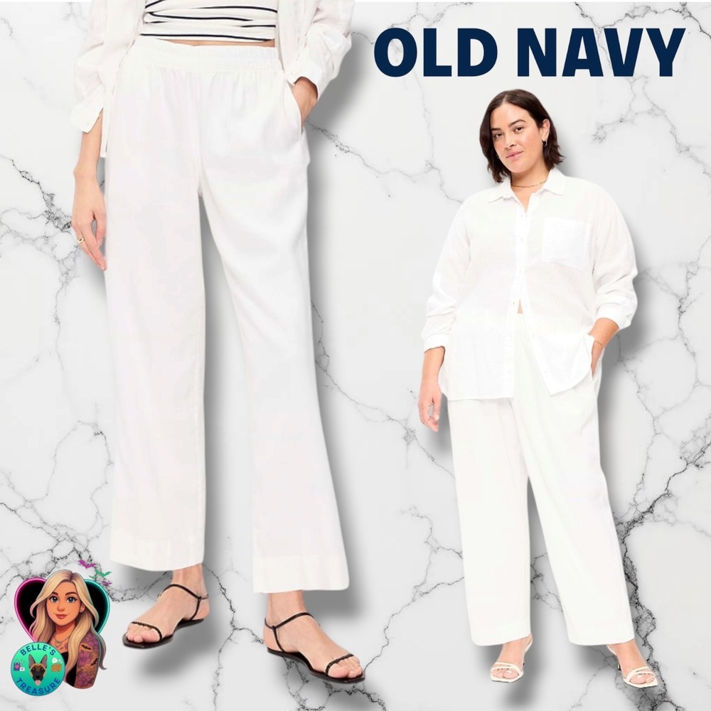 Old Navy Womens Medium Petite White Linen Blend High Rise Straight Pants Comfort